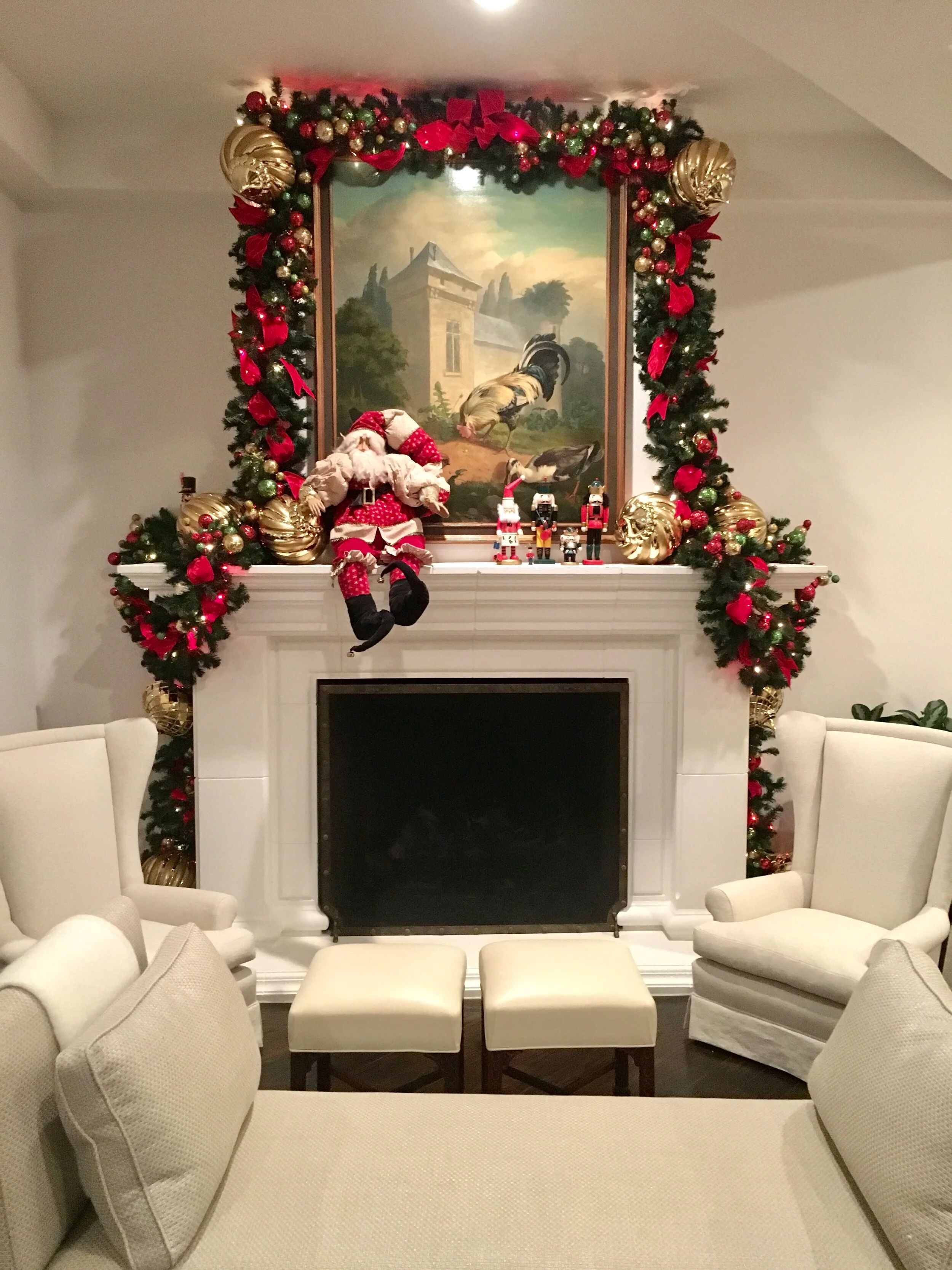 A garlanded mantel decorated for the season